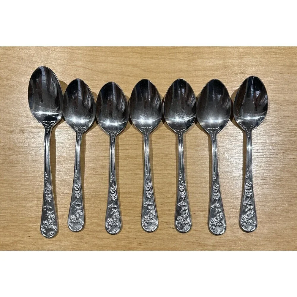REED & BARTON Stainless QUEEN'S GARDEN Set Of 7 SOUP SPOONS 6”